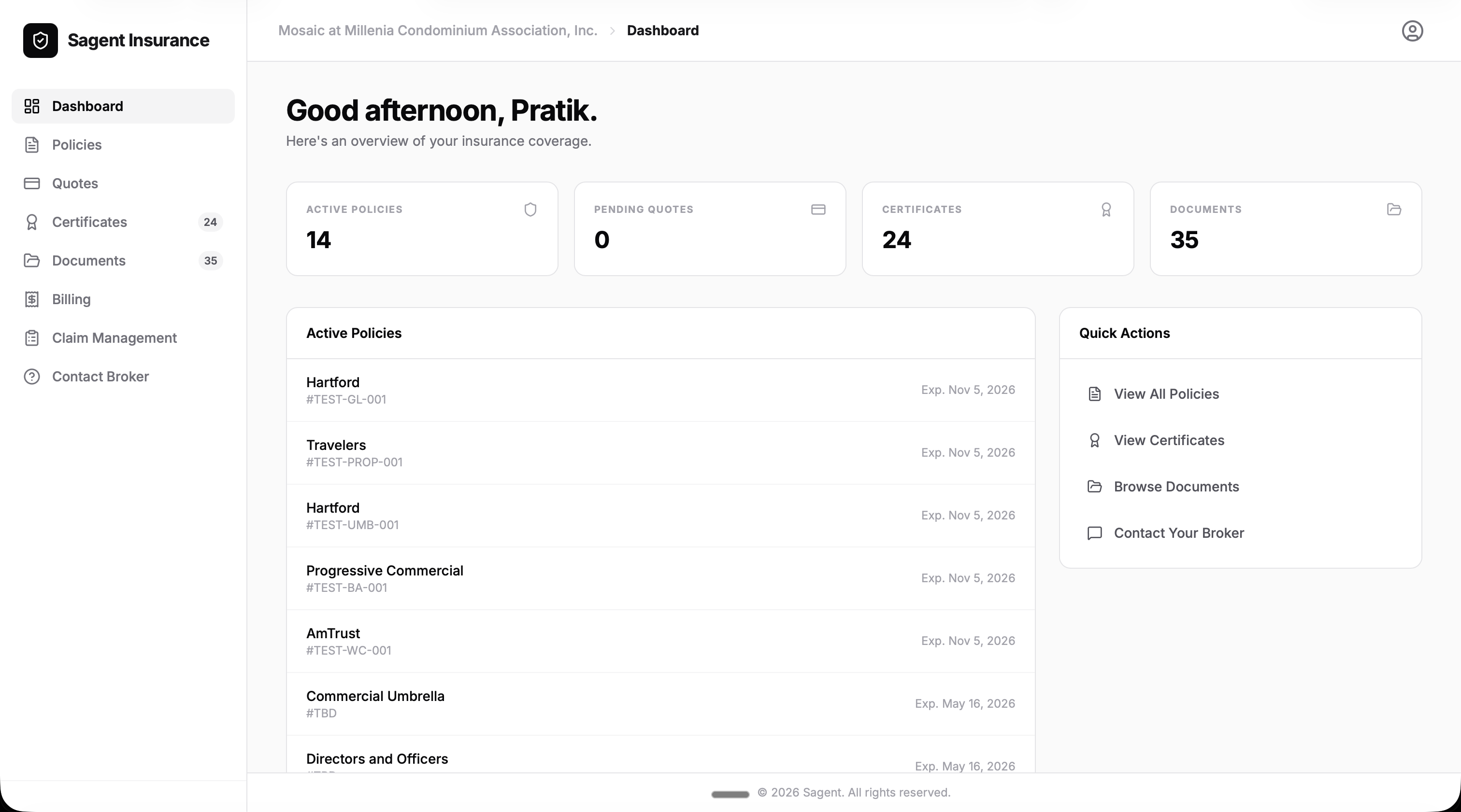 Sagent client portal — dashboard view